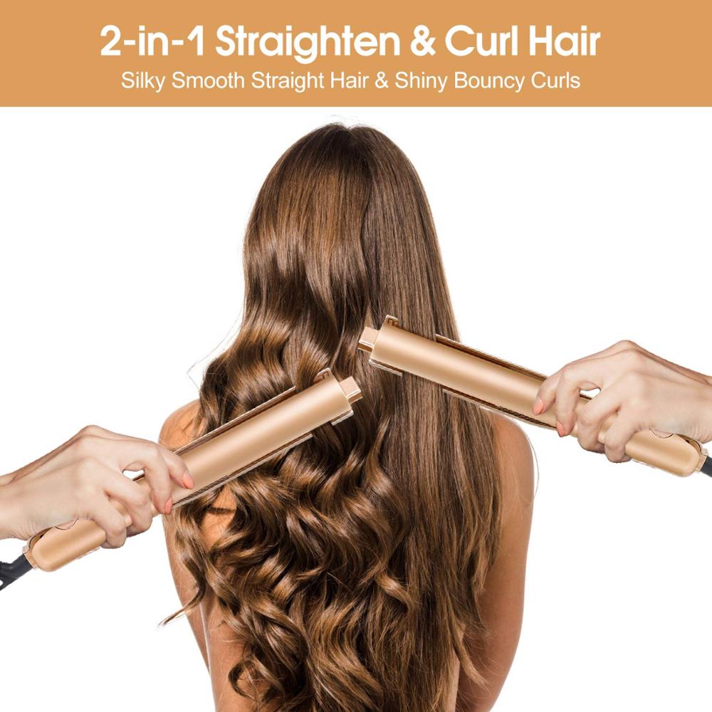 2 in 1 Pro Gold Titanium Flat Iron Twist Hair Curling & Straightener Irons Styling 1 Inch Straightening&Curls Roller Magic Iron