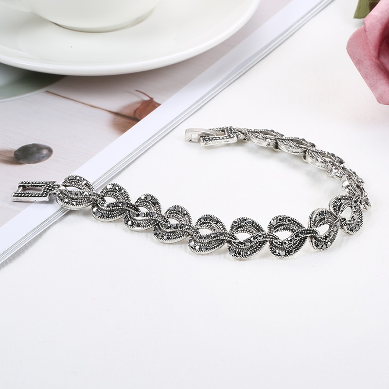 Kinel Boho Charme Helle Schwarz Kristall Armbinde Für Frauen Antike Tibetanische Silber Wenig Wasser Verknüpfung Armbänder Jahrgang-Schmuck