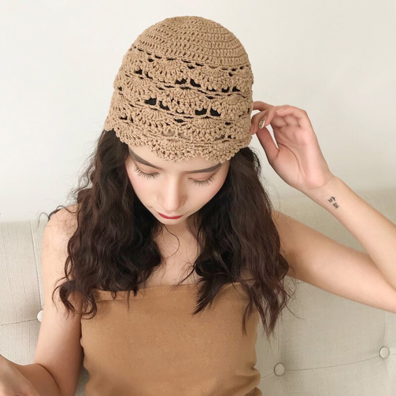 Ht3165 kvinder hat åndbar hule forår sommer beanie hat vintage hæklet blomst kvinder benaies damer strikket skullies beanies