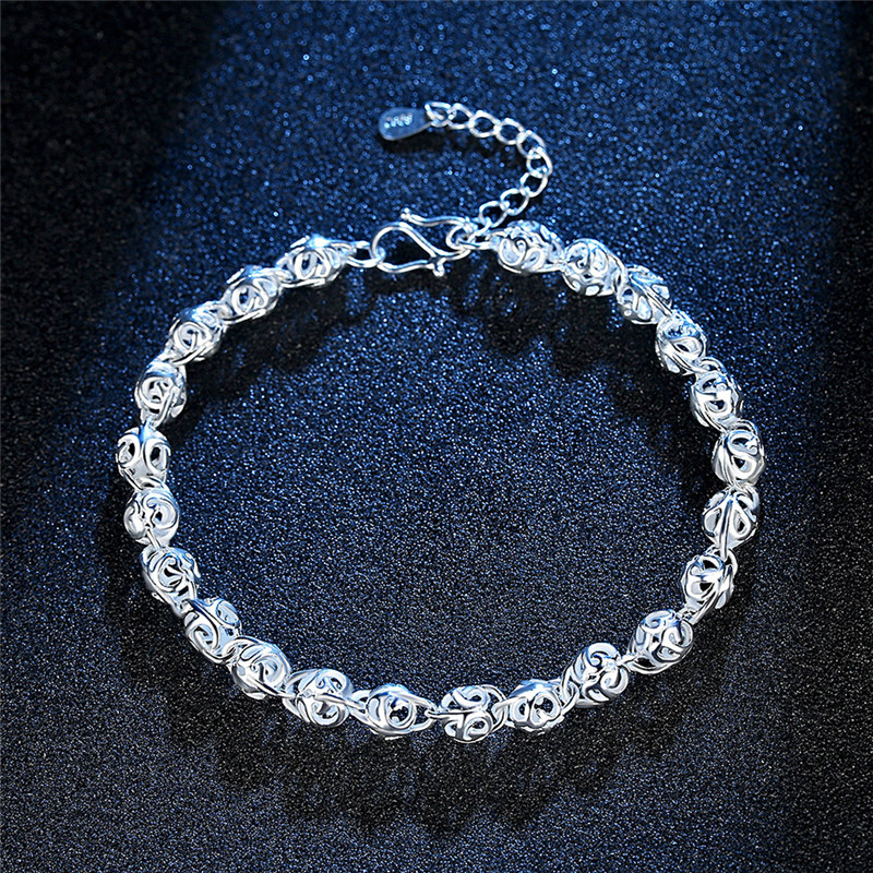 DAIWUJAN 925 Silver Flower Beads Charm Bracelets For Women Hollow Ball Silver Bracelet Adjustable Wedding Party Jewelry