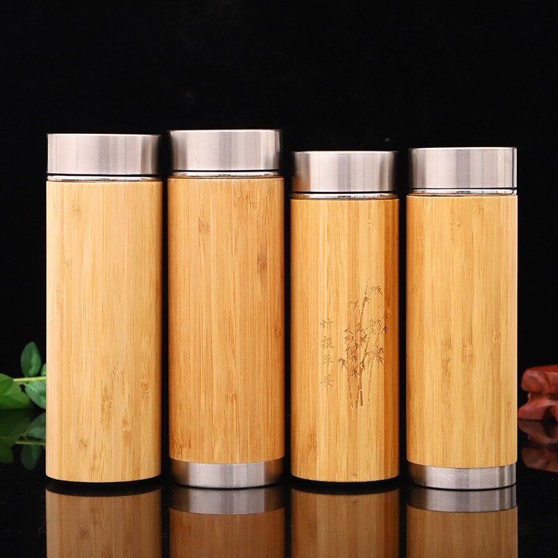 350ml 450ml Custom Bamboo Reusable Coffee Cup Stainless Steel Double Wall Bamboo Travel Mug Water Bottle With Lid