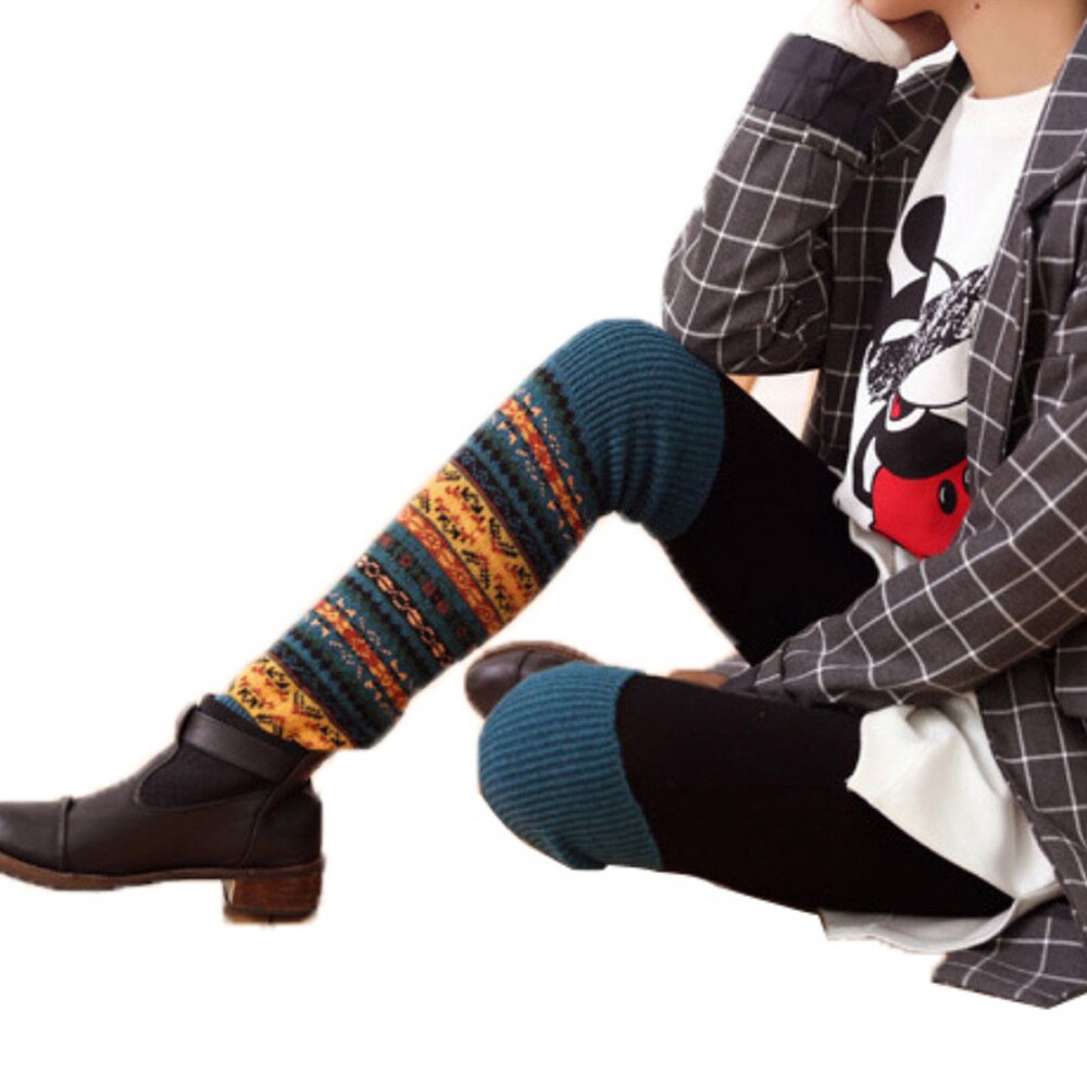 Jambières chaudes rayées pour femme, jambières au dessus du genou, tricot, couvre-jambes au Crochet, tenue de noël, hiver: E