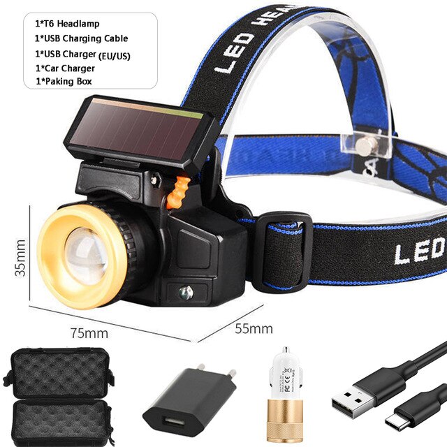 Solar Charging Headlamp USB Rechargeable Motion Sensor Headlight Outdoor Fishing Lamp Strong Long Range Zoom Headlights: D / With Sensor