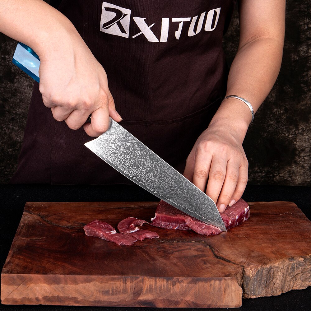 XITUO Damascus Kitchen Knife Japan VG10 Steel Kiritsuke Chef Knife Octagonal Blue Resin Handle Cleaver