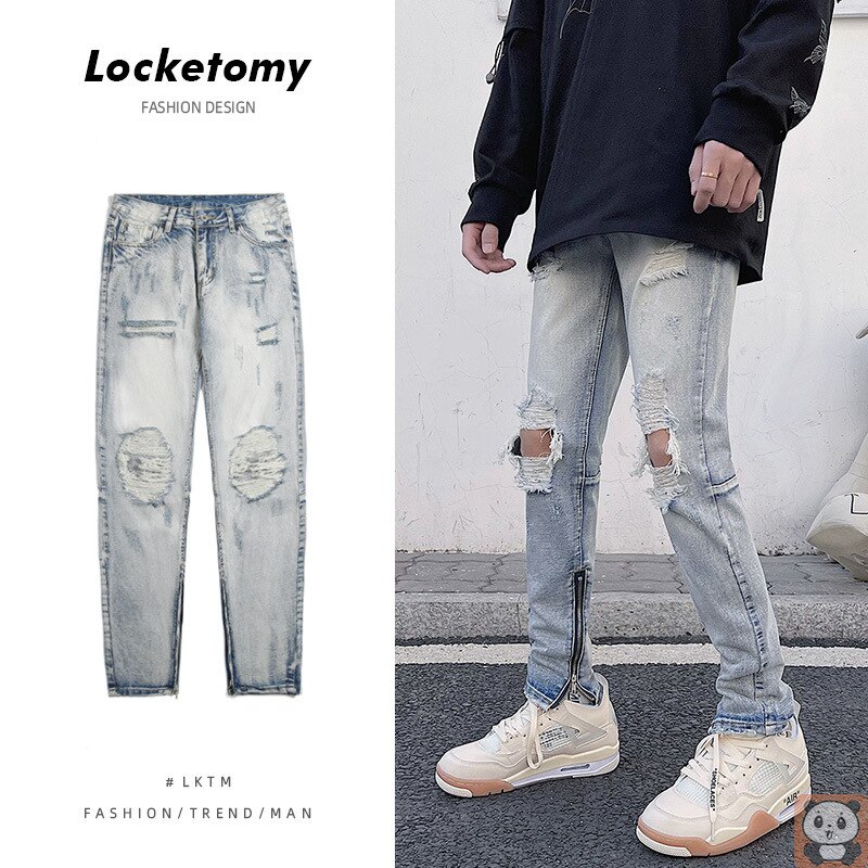 Pantalones vaqueros desgastados para hombre, Jeans rectos desgastados Retro rasgados