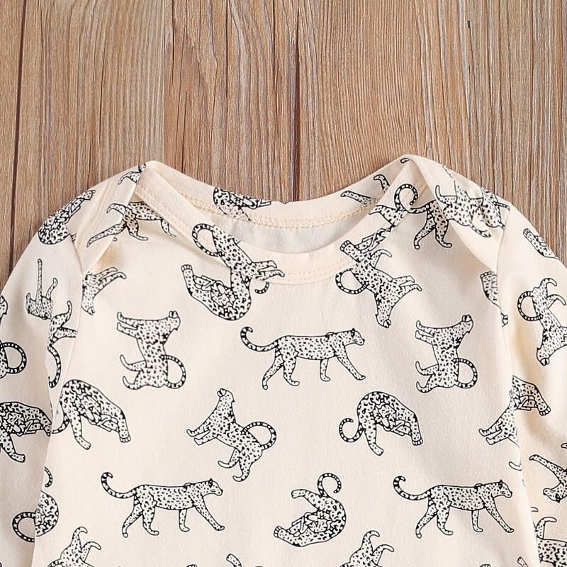 Criança do bebê meninos meninas gola redonda macacão terno bebê manga longa uma peça playsuits leopardo impressão macacões