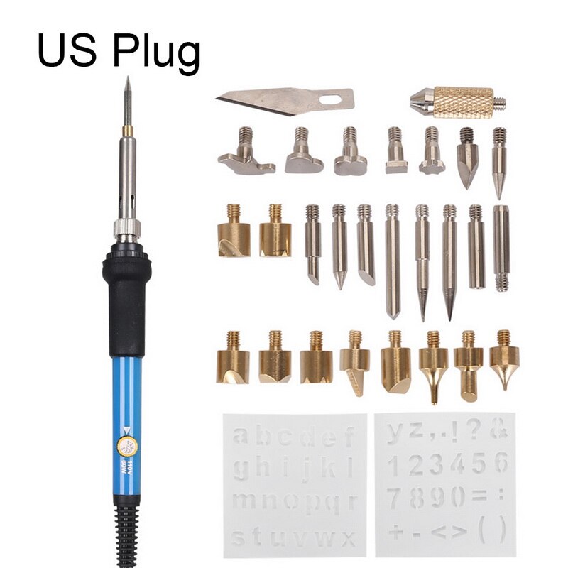 28 pçs ferro de solda ajustável escultura pirografia ferramenta gravação de madeira queima caneta conjunto dicas de solda kit ue/eua/reino unido plug: US Plug