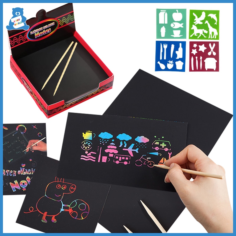 100 Stuks Magic Scratch Art Doodle Pad Handwerk Schrapen Schilderen Papier Graffiti Stencil Kleurrijke Diy Art Schilderen Speelgoed Voor Kinderen