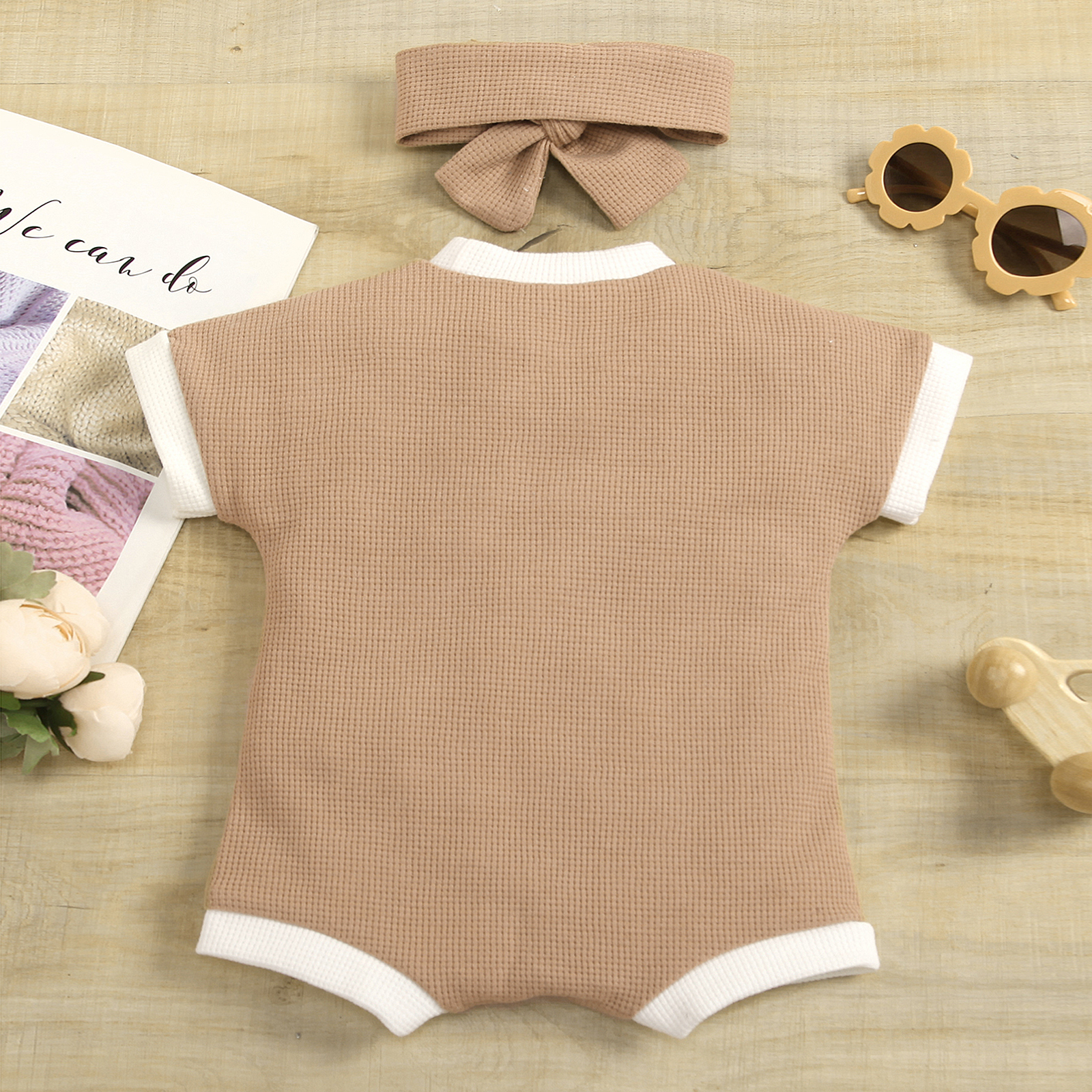 2022 Summer Cute Infant Baby Girls Boys Romper Outfits Patchwork Waffle Short Sleeve Jumpsuit Playsuit+Bowknot Headband Set