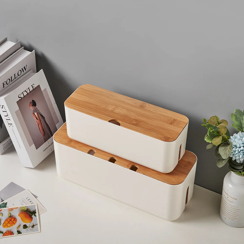 Caja de gestión de cables, cubierta de bambú, tablero de conexiones de cables, caja de almacenamiento, ocultar cables, reglas, escritorio, caja organizadora de cables para ordenador