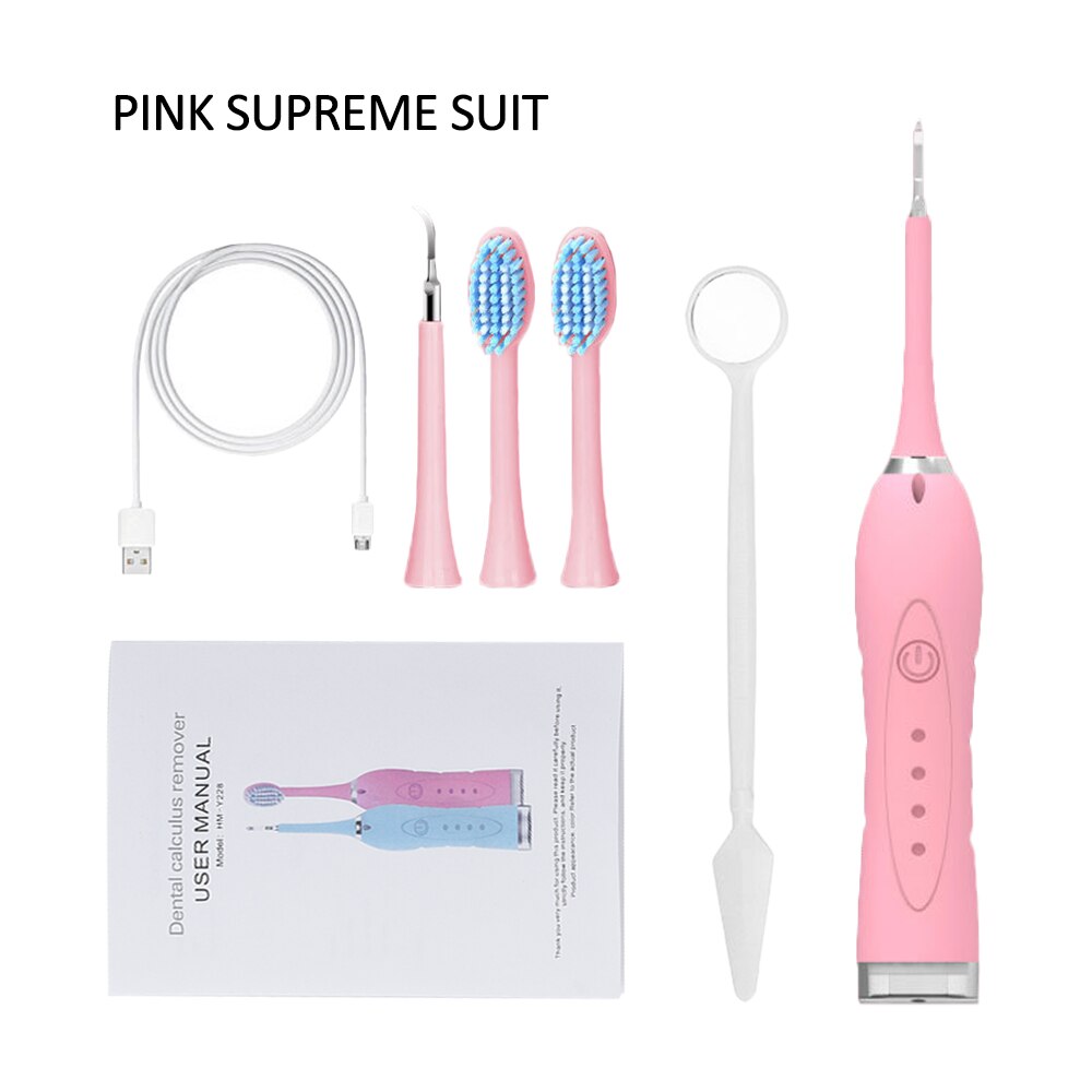 Electric Ultrasonic Sonic Dental Scaler Tooth Calculus Remover Cleaner Tooth Stains Tartar Tool Whiten Oral Cleaner Tooth Sonic: Pink  Set