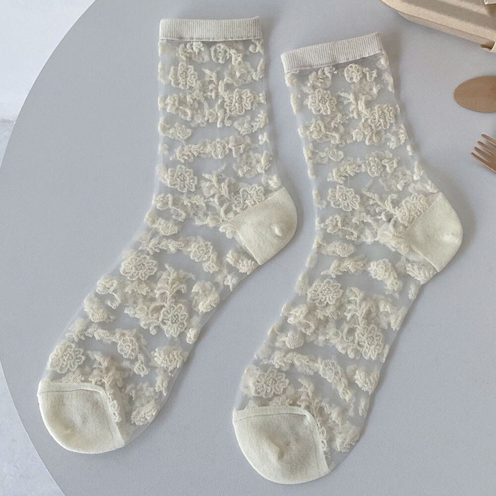 Lolita Sokken Vrouwen Sexy Glas Zijde Bloemenprint Vrouwen Transparante Sokken Vintage Voor Jk Meisje Kleding Accessoires: Milk white