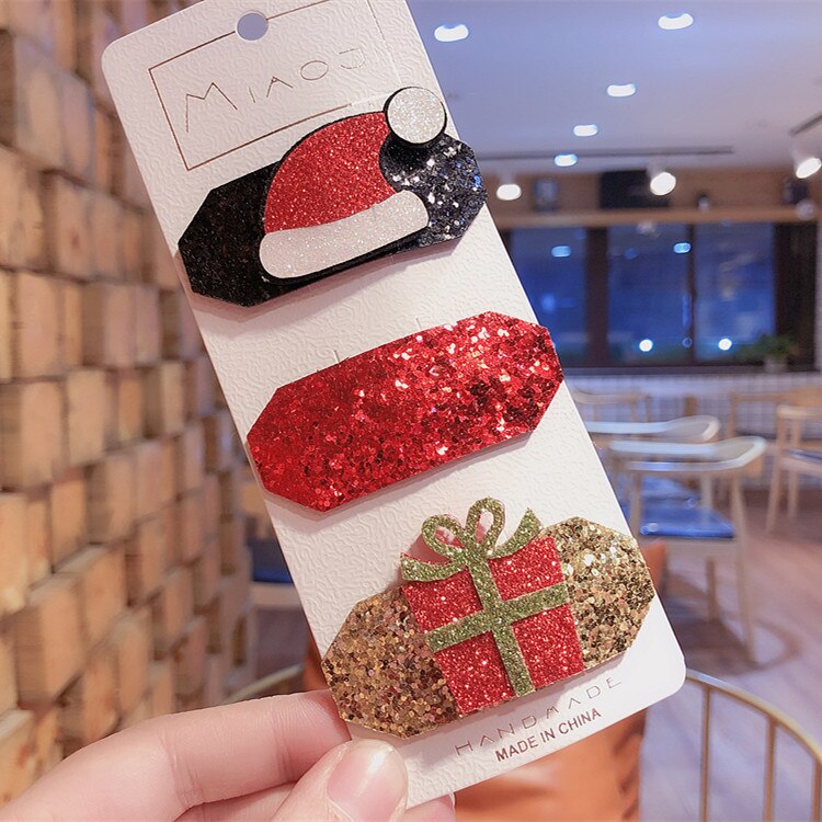 Zuid-koreaanse kerstjaar kinderhaaraccessoires baby bb clip kerstman haarspeldjes meisjes hoofdtooi set: Hoed cadeau 3 stuks met kaart