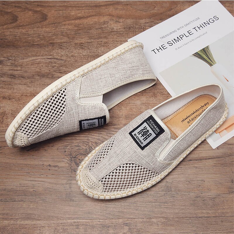 men breathable flat shoes espadrilles linen woven sleeves casual canvas shoes classic driving straw mesh lazy shoes sneakers