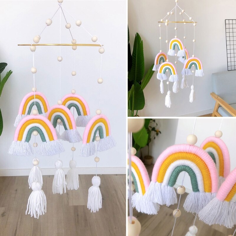 Rainbow Hanging Handmade Weaving Ornament Nordic Baby Kids Room Wall Decor Baby Rattle Mobile Toys Crib Toy