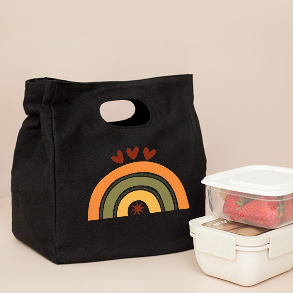 Śliczna modna tęcza drukuj czarne torby na Lunch na co dzień wielokrotnego użytku Eco termiczna torba składana torba podróżna o dużej pojemności Harajuku: Q00732-TBBK-C