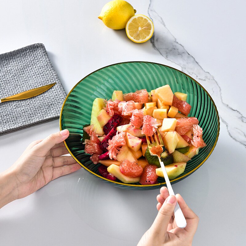 Cuencos de plástico para servir frutas, Bol redondo transparente para ensalada, plato de aperitivos con borde dorado, con estante de Metal, contenedor de comida para
