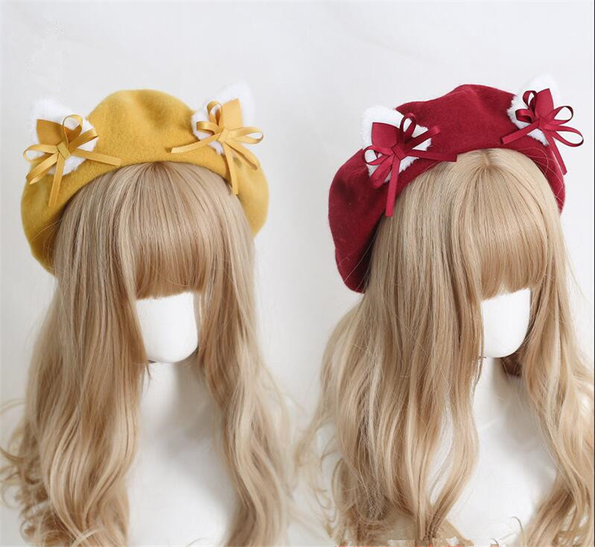 Kawaii Vrouwen Hoed Baret Wol Leuke Kat Oren Hoed Winter Warm Cap Lolita Hoofd Slijtage D1046