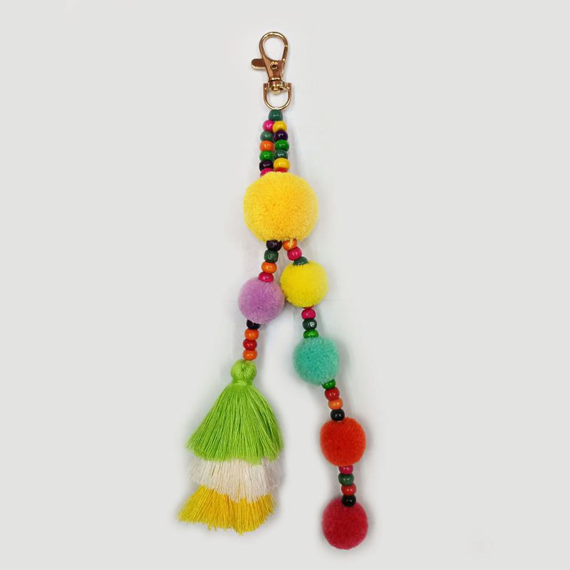 1pc Boho Style Colorful Keychains Wooden Beads Pompom Keyring With Rainbow Tassel Jewelry For Summer Women