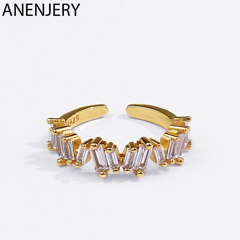 ANENJERY 925 Sterling Silver Zircon Strips Irregular Ring for Women Hip-Hop Style Open Ring Jewelry S-R1030