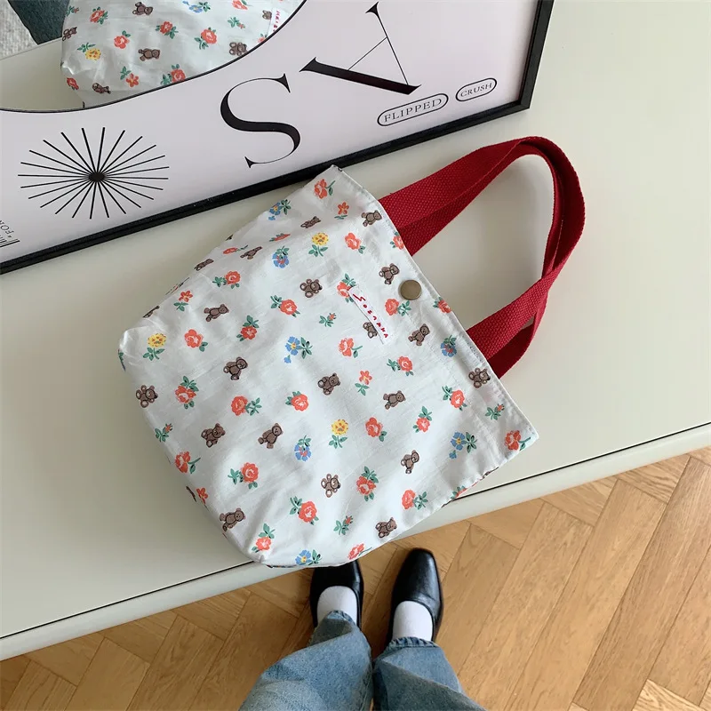 Dames Schoonheid Bloem Canvas Tas Buiten Winkelen Toilettas Telefoon Oagnzier Opbergzakken Koreaanse Doek Handtassen Lunchbox Bento Tas: Donkergrijs