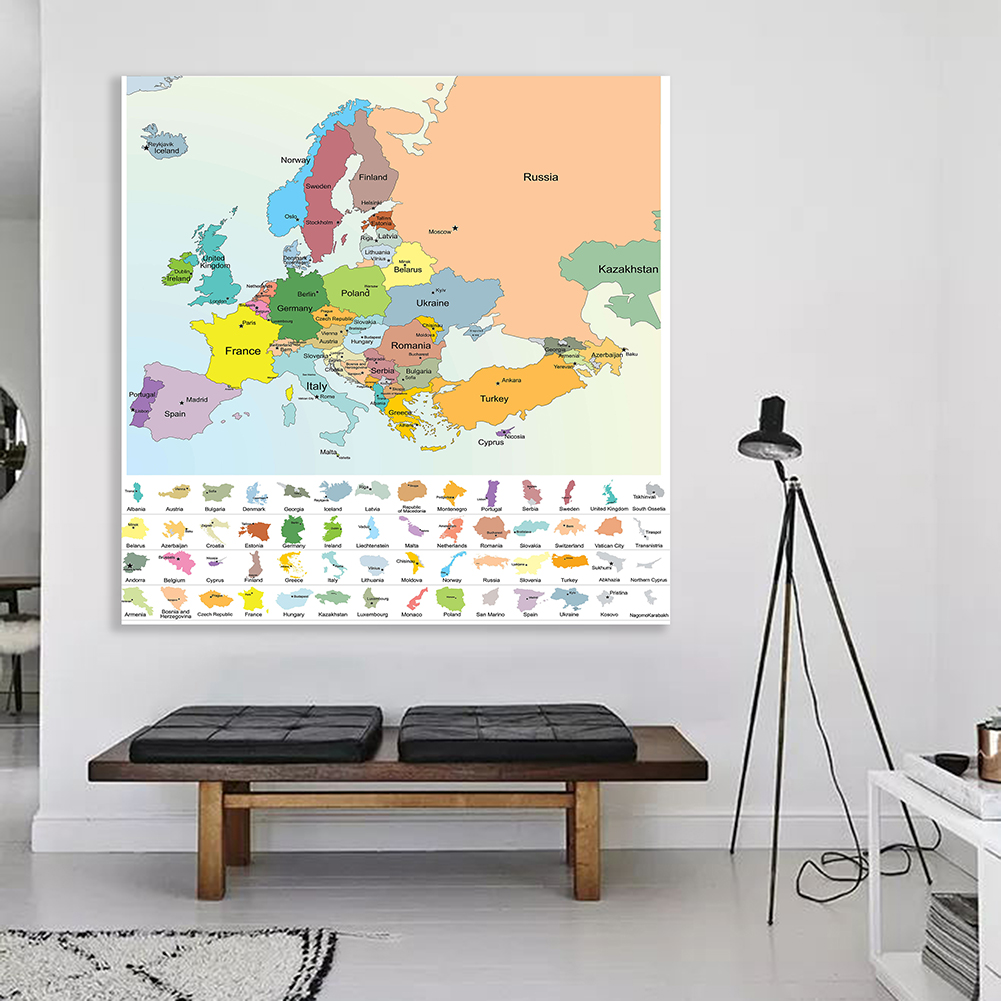 150*150cm The Europe Political Map Non-woven Canvas Painting Large Poster Wall Classroom Home Decoration School Supplies