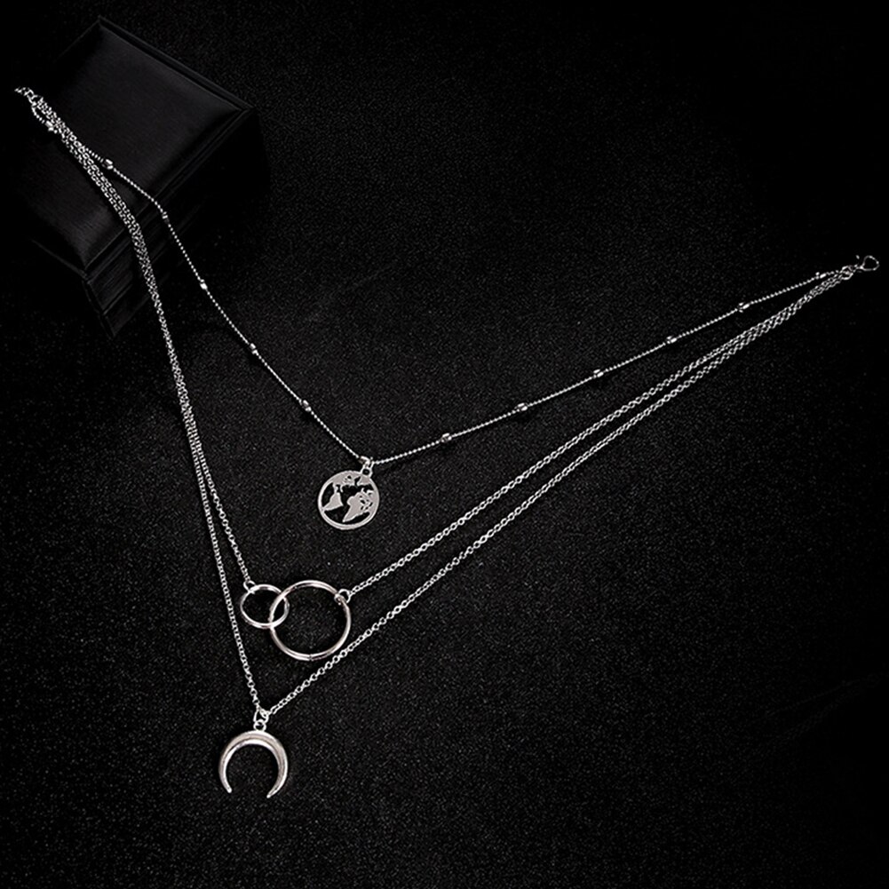 Collar para mujer, colgante del mapa del mundo, Luna multicapa, de Bohemia, Color plata, círculo redondo, para