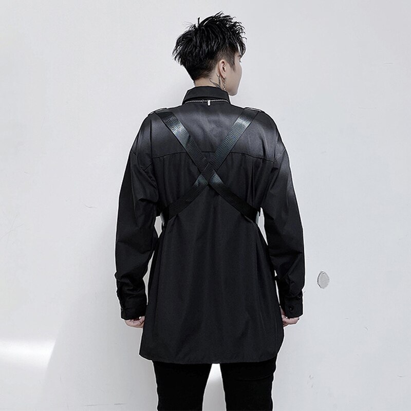 Mężczyźni czarny biały Techwear punk pasek na ramię koszula z długim rękawem człowiek Harajuku klasyczny wstążka w pasie koszule koszulka Homme