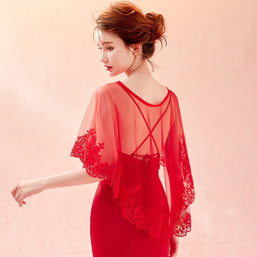 Capa de encaje con borde de tul rojo para mujer, chal de ilusión para boda, envoltura de graduación, capa fina de verano, accesorio para celebridades