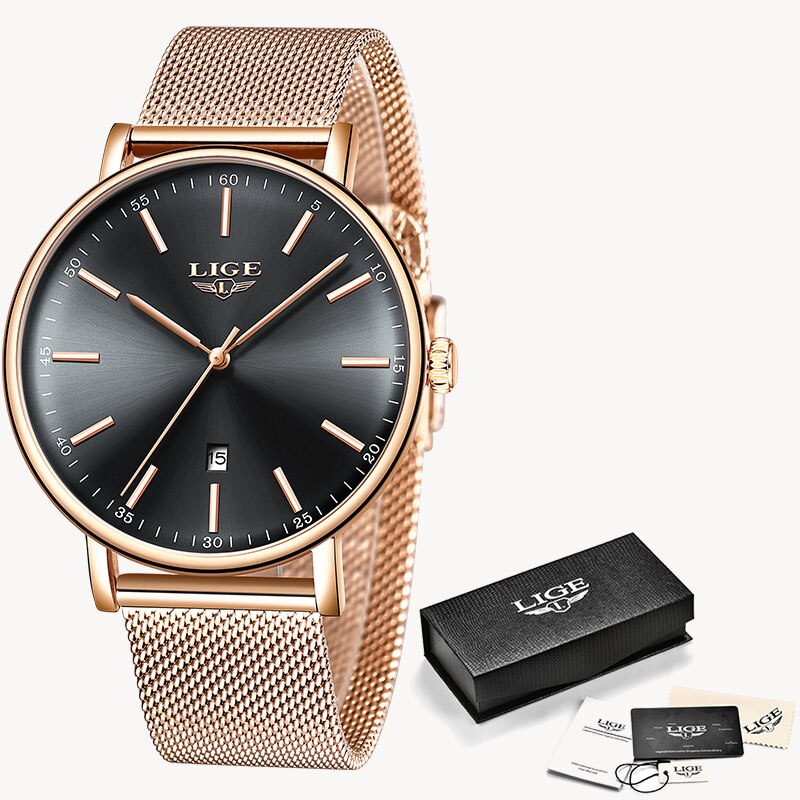 LUIK Vrouwen Horloges Rvs Mesh Riem Horloge Eenvoudige 8mm Ultra-dunne Quartz Klok Horloges Voor vrouwen + Box: Rose gold black