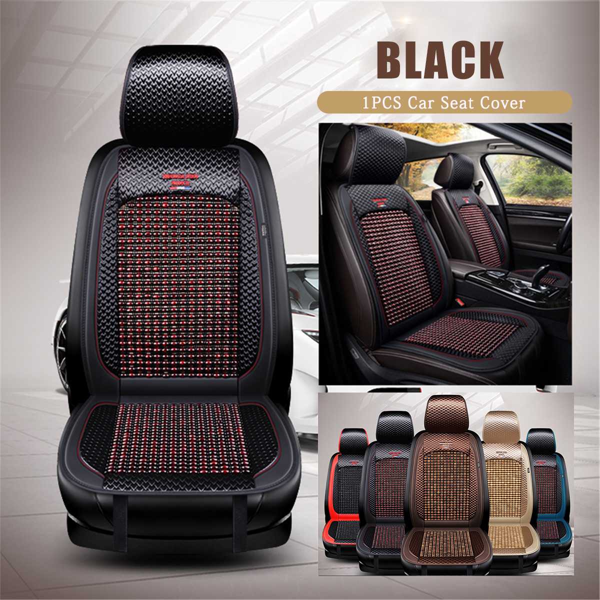 Universal Summer Cooling Auto Front Seat Cushion Protector Beads Leather + Bamboo Car Seat Covers Breathable: Black