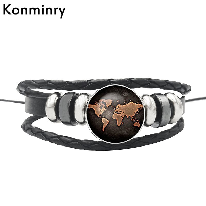 Vintage World Map Globe Leather Rope Bracelet Glass Dome Buttons Africa Bangle For Women Men Jewelry