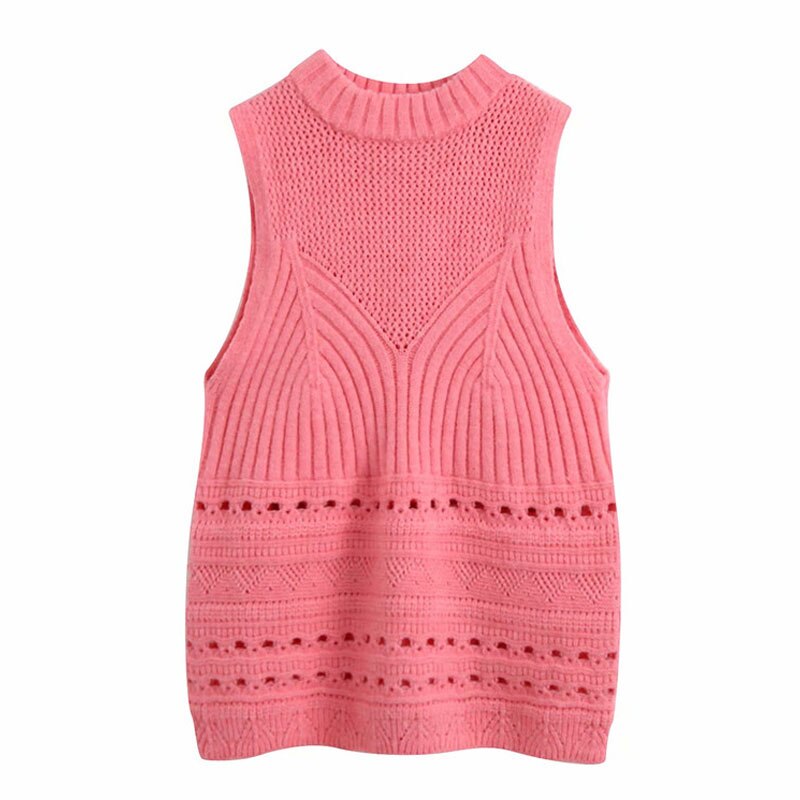femmes doux rose évider sans manches pull Vintage O cou gilet filles Chic hauts: M