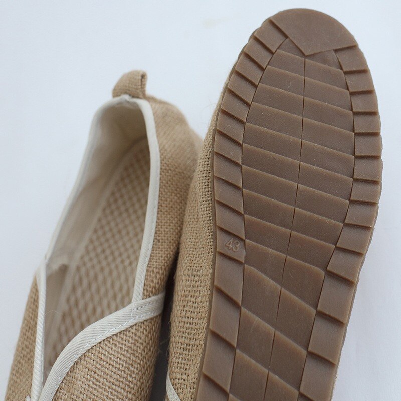 Mocasines de lino hechos a mano para hombre y mujer, alpargatas de color caqui con suela de goma, zapatos de cáñamo Retro Unisex, cómodos y planos sin cordones