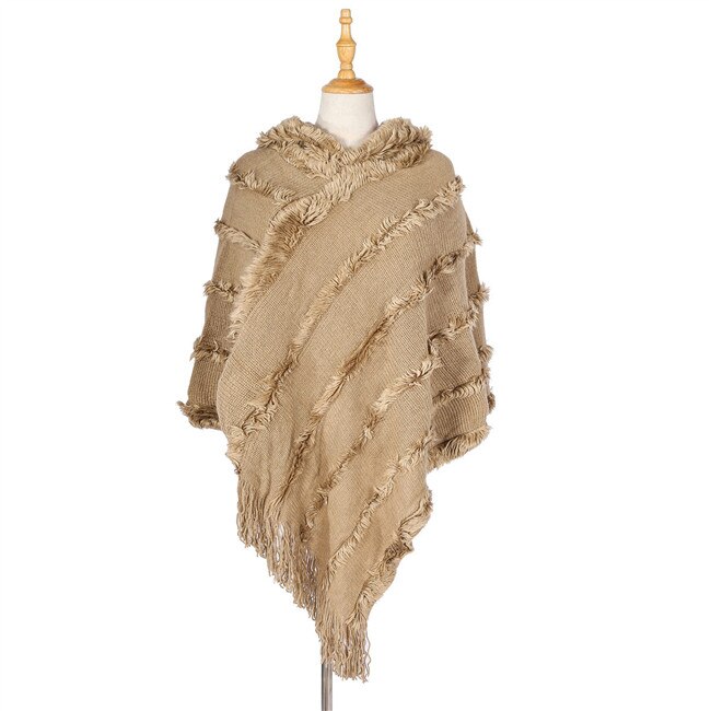 Höststickad poncho dam päls huva ponchos och kepsar vinter utomhuskläder filt kappa femme fleecetröja cardigan plus size: Kaki