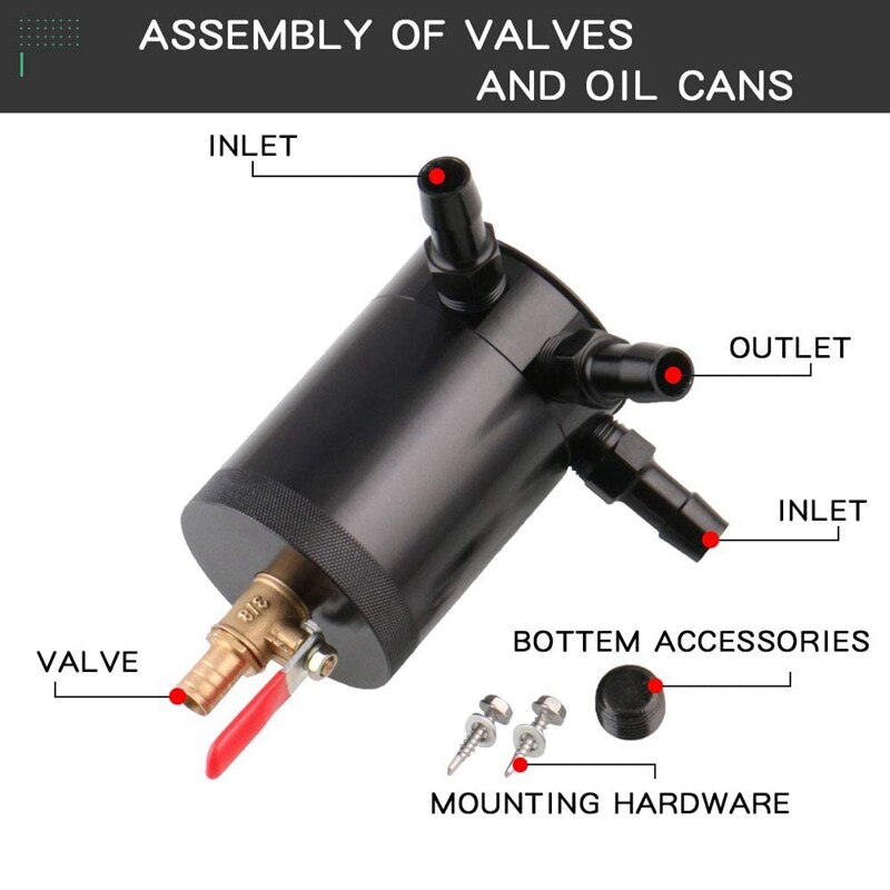 Universal Aluminum Alloy 3-Port Oil Catch Can+Oil Drain Valve,2 Inlets 1 Outlet-Black