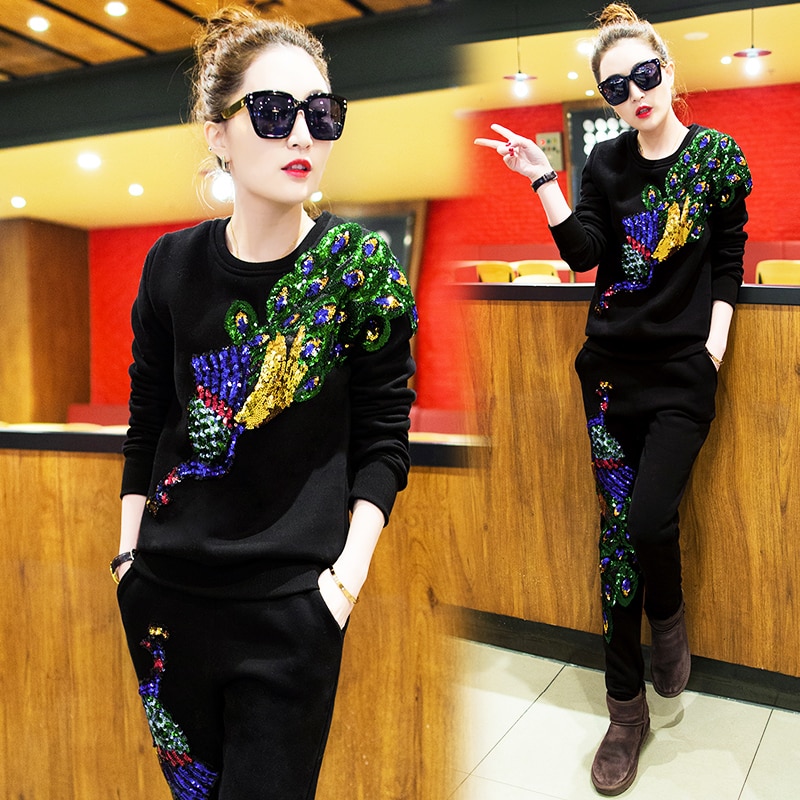 Spring Women's Casual Suits Female Peacock Phoenix Sequins Tracksuits Clothes Woman 2 Piece Set Plus Size