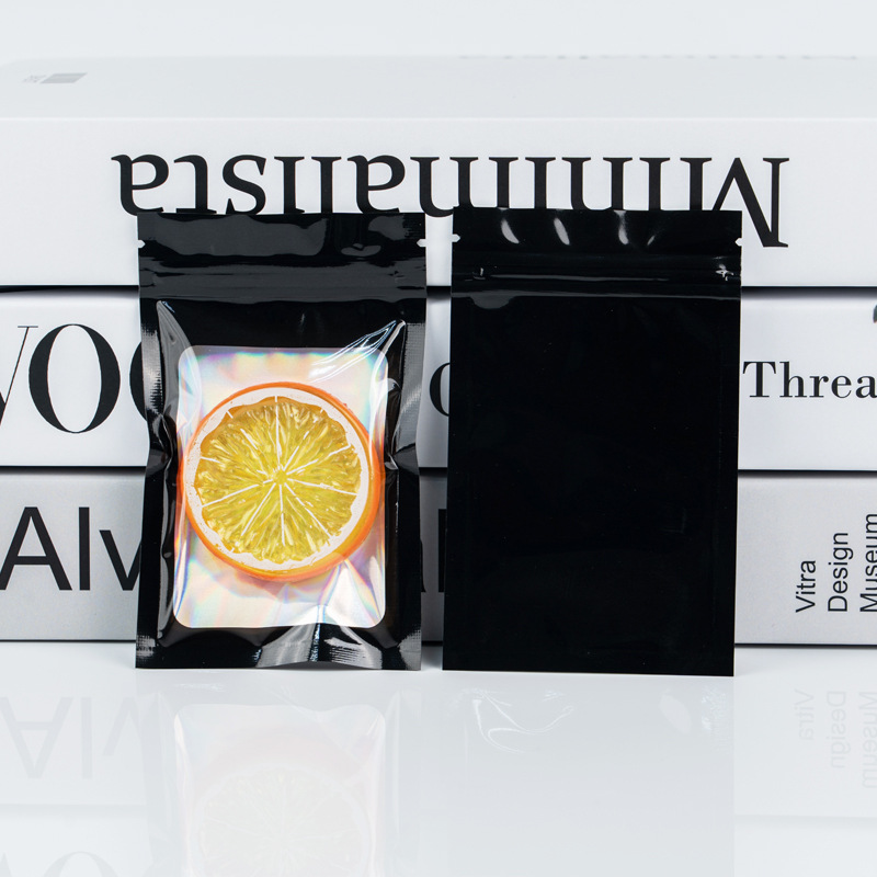 100 szt. Kolorowe Czarne Holograficzne Torebki Mylarowe Samozamykające z Zamkiem Błyskawicznym i Okienkiem, Plastikowe, Zapobiegające Nieprzyjemnym Zapachom: czarny