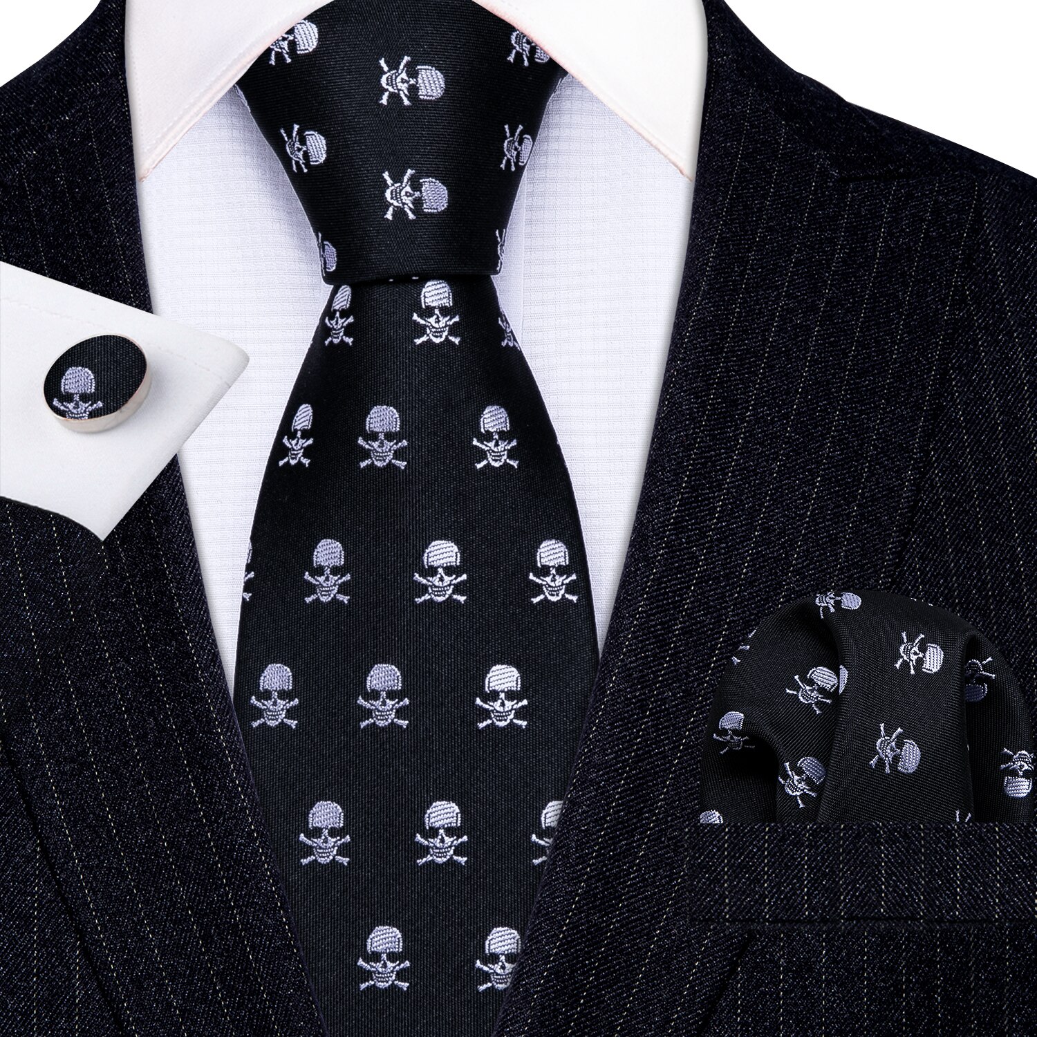 Red Skull Men Tie Set 8.5cm Silk Handkerchief Ties For Men Wedding Business Barry.Wang Gravata Necktie: LS-5326