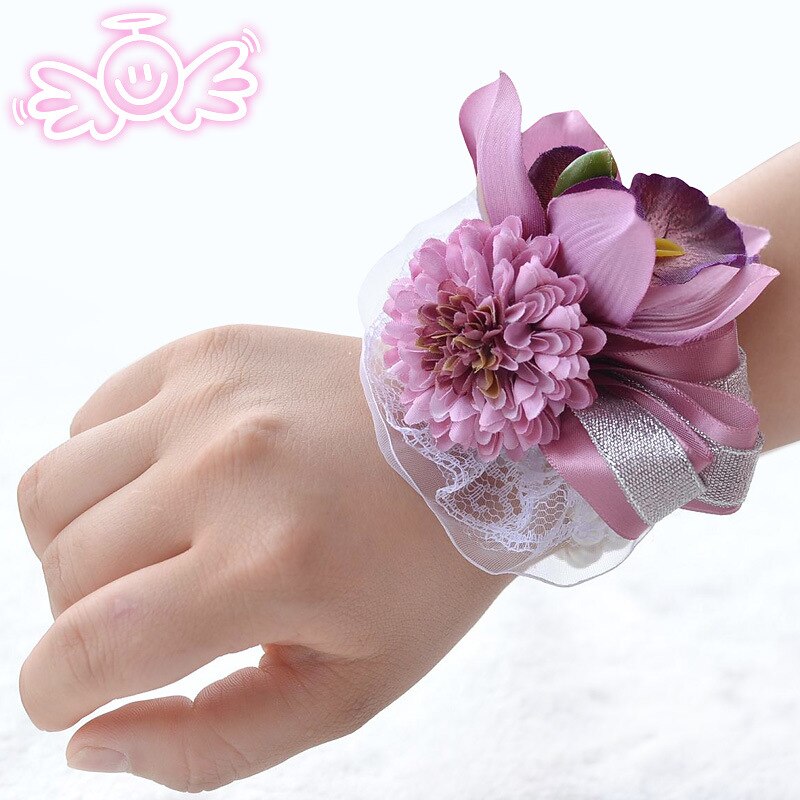 Piękny fioletowy różowy kolor kwiat panny młodej druhny bukiet ślubny sztuczny kwiat róży bukiety ślubne: Wrist 1