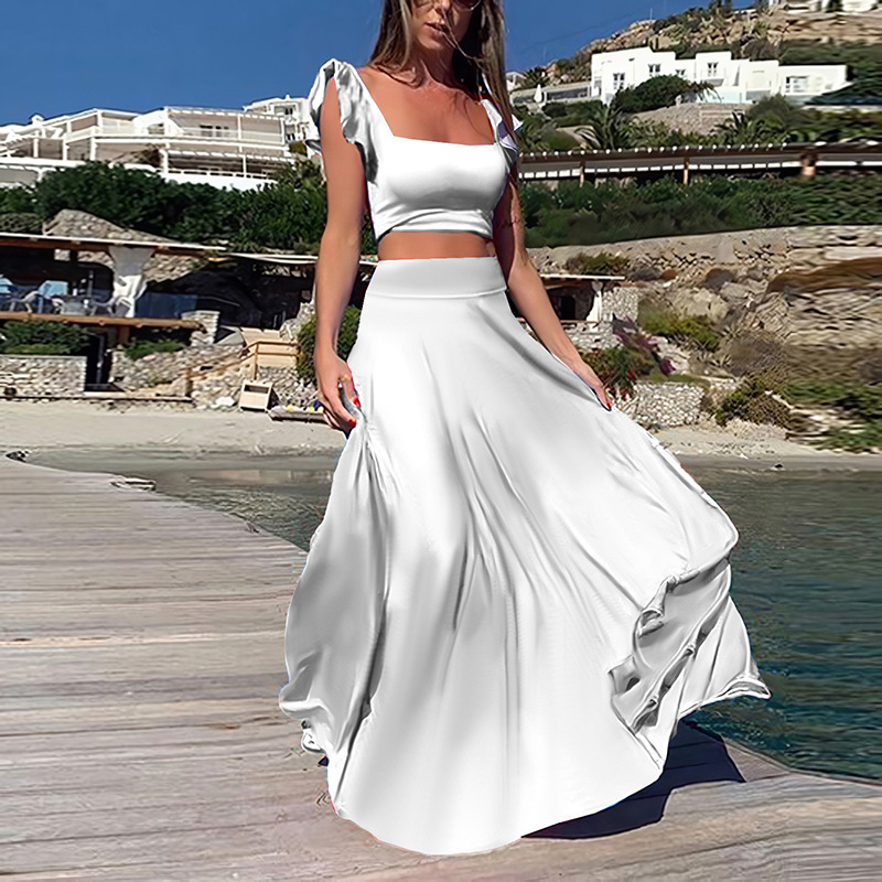 Square Neck Sling Tops & Long Skirts Sets Women Casual Sleeveless Pleated 2Pc Outfits Ruffled Solid Party Suits: L / Beige