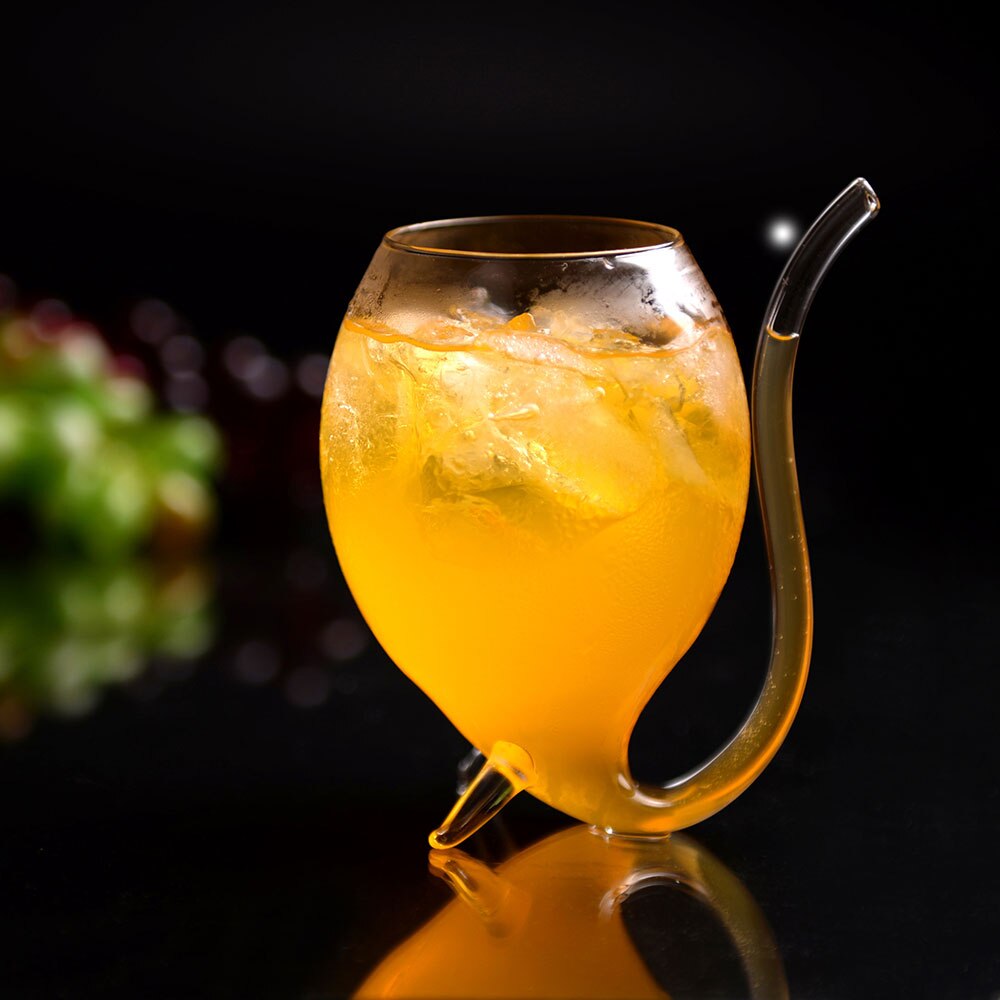 Elbow Wine Whiskey Glass Heat Resistant Glass Sucking Juice Milk Cup Tea Wine Cup With Drinking Tube Straw Transparent: Default Title