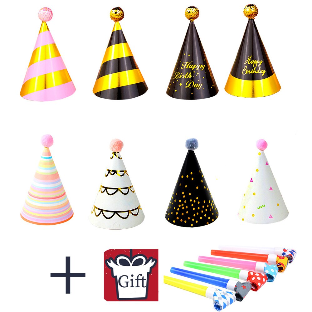 4 unids/set bebé chico gorro de papel de cumpleaños niño niña gorros de de cumpleaños festivo decoración sombrero dar dragón soplador silbato suministros