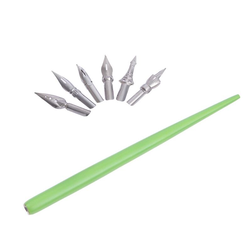 Wooden Manga Comic English Calligraphy Fountain Dip Pen with 6 Nibs Kit for Lettering Sketching Drawing: Green