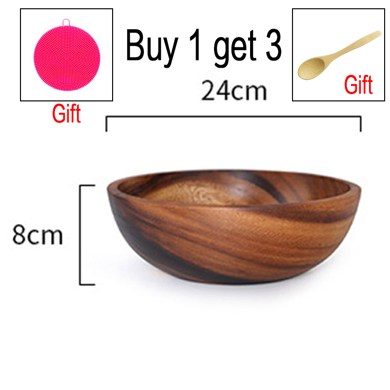 Cuenco de madera de Acacia, vajilla de madera de estilo japonés para el hogar y el lavabo, plato de fruta, ensaladera, cuenco de sopa de madera entera: 24X8CM