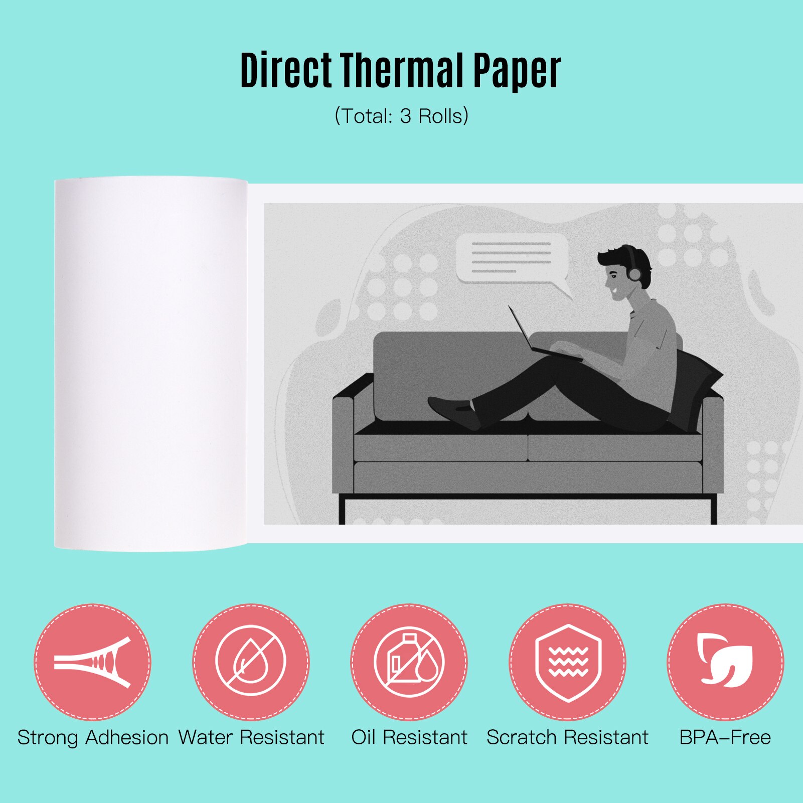 3 Rolls 57x30mm Thermal Paper Roll Receipt Paper Self-Adhesive BPA-Free Long-Lasting 10 Years for Pocket Thermal Photo Printer