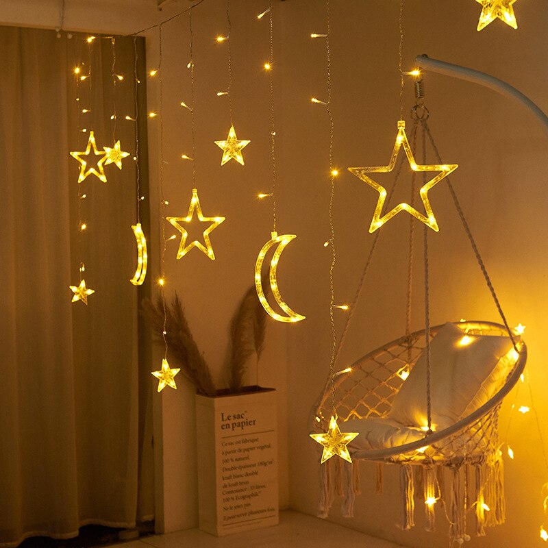 Cortina de luces LED de luna y estrella, guirnaldas navideñas de hadas con enchufe europeo de 220V, decoración al aire libre, Festival de vacaciones, cadena de luces parpadeantes
