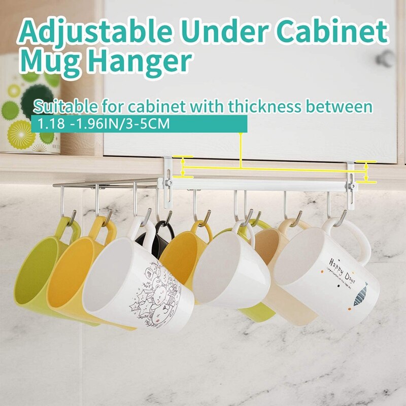 Adjustable Mug Rack Coffee Mug Holder with Extra Large Hook Distance Fit 1.18 Inch -1.96 Inch Thickness Cabinet