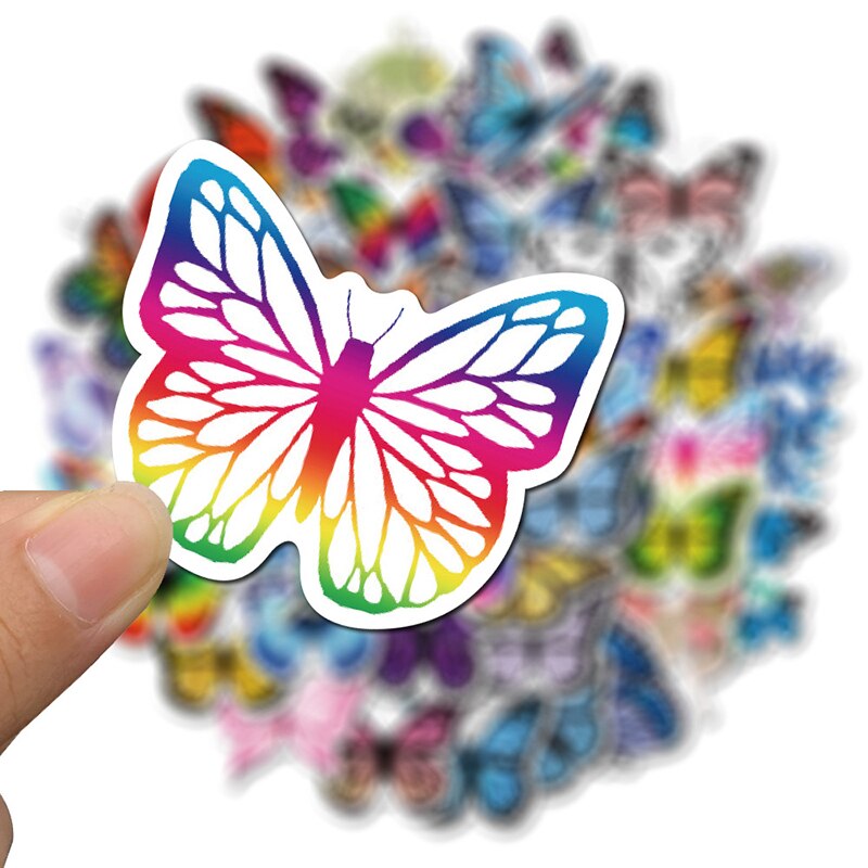 50pcs Colorful Butterfly Stickers For Laptop Skateboard Guitar Stationery Mixed Decals DIY Fridge Bottle Waterproof Sticker
