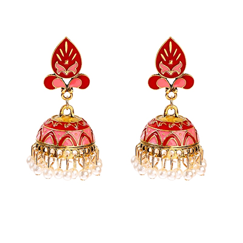 Tophanqi Bollywood Oxidized Big Bell Dangle Earrings For Women Green Leaf Carved White Beads Tassel Indian Jewelry Earring: Red